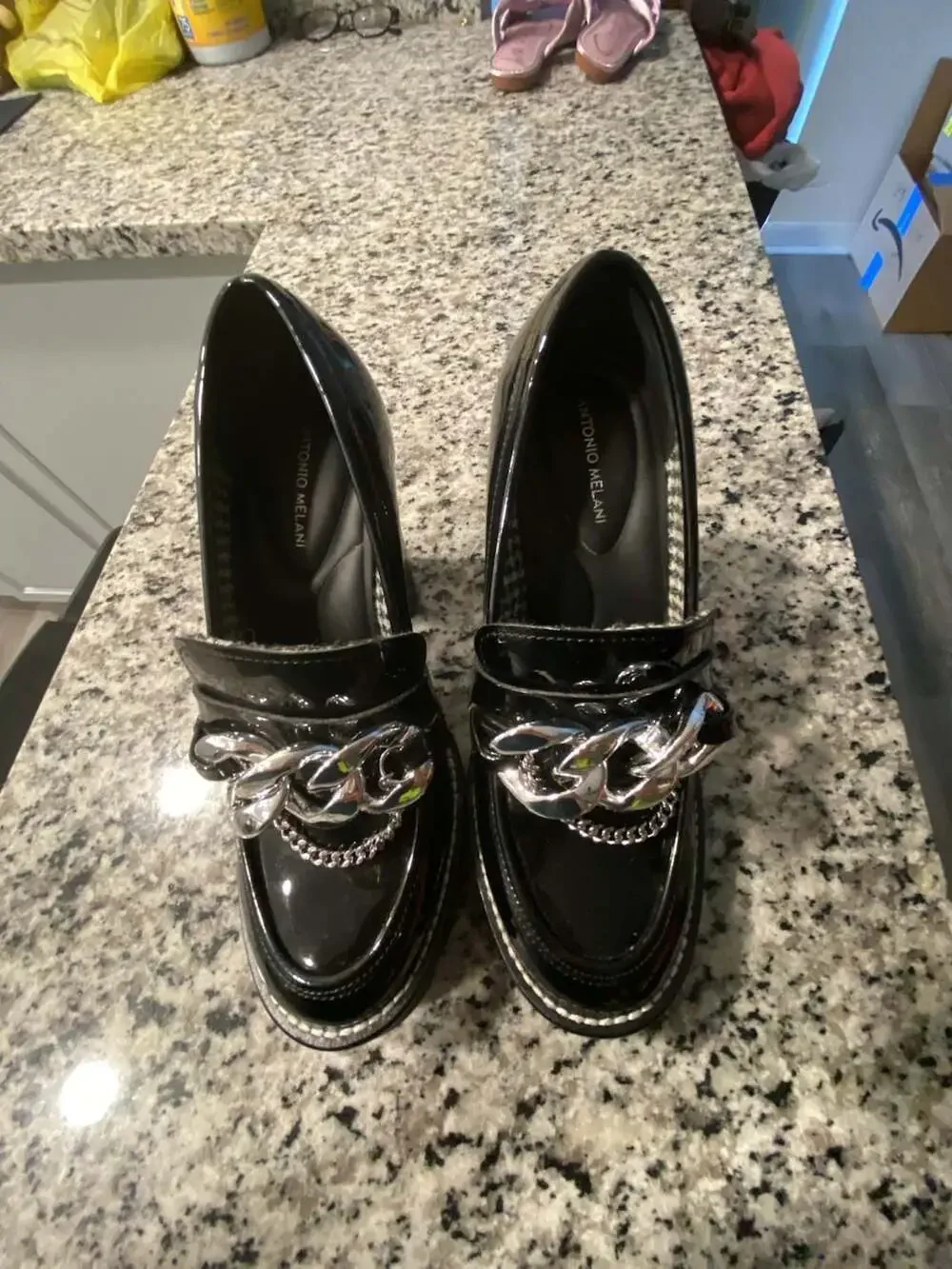 Antonio Melani Palmer Black Patent Lug Sole Chain Loafer Pumps